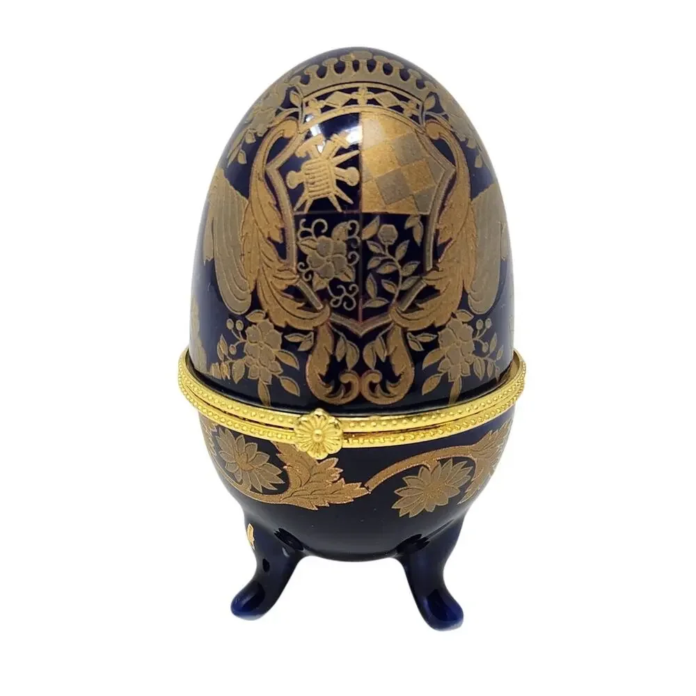 Vintage Cobalt Blue Gold Porcelain Decorative Trinket Faberge Egg Jewelry Box